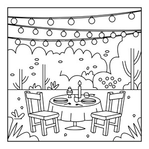 May include: A black and white line art illustration of an outdoor dining scene featuring a round table with two chairs, set with plates, a candle, and a cup. Above the table, three strings of round light bulbs hang across the garden setting.