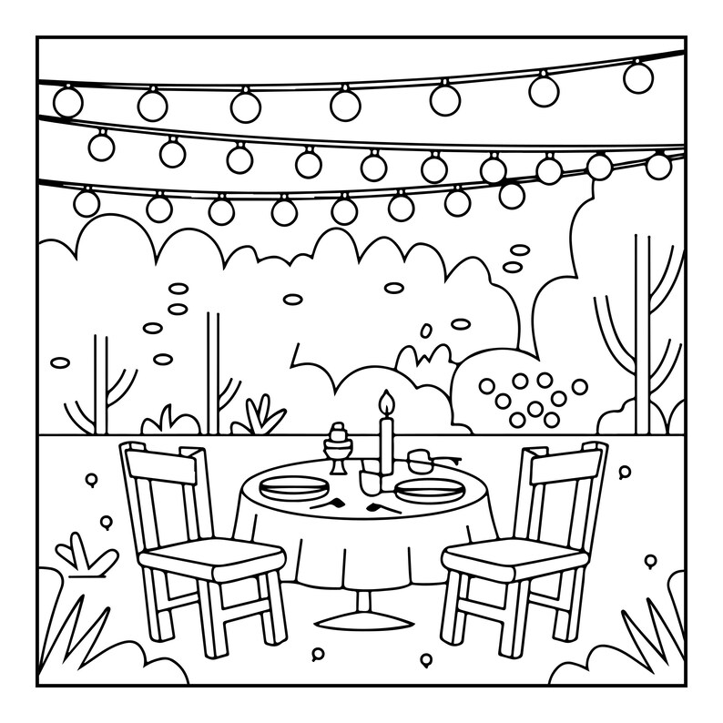 May include: A black and white line art illustration of an outdoor dining scene featuring a round table with two chairs, set with plates, a candle, and a cup. Above the table, three strings of round light bulbs hang across the garden setting.