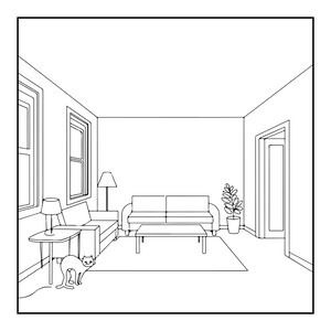 K&ouml;nnte beinhalten: Eine schwarz-wei&szlig;e Strichzeichnung eines Wohnzimmerinterieurs mit einem Sofa, einem Couchtisch, zwei Fenstern, einer Stehlampe, einer Tischlampe auf einem Beistelltisch, einer Topfpflanze und einer Katze im Vordergrund neben dem Beistelltisch.