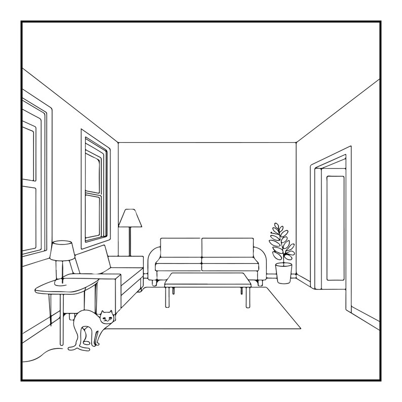 K&ouml;nnte beinhalten: Eine schwarz-wei&szlig;e Strichzeichnung eines Wohnzimmerinterieurs mit einem Sofa, einem Couchtisch, zwei Fenstern, einer Stehlampe, einer Tischlampe auf einem Beistelltisch, einer Topfpflanze und einer Katze im Vordergrund neben dem Beistelltisch.