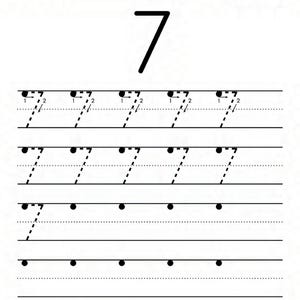 Peut inclure: Une feuille d'exercices &eacute;ducative blanche intitul&eacute;e Name et Number Tracing The Number 7. Elle pr&eacute;sente un grand chiffre 7 noir en haut, suivi de trois lignes de chiffres 7 en pointill&eacute;s avec des fl&egrave;ches directionnelles et des points.