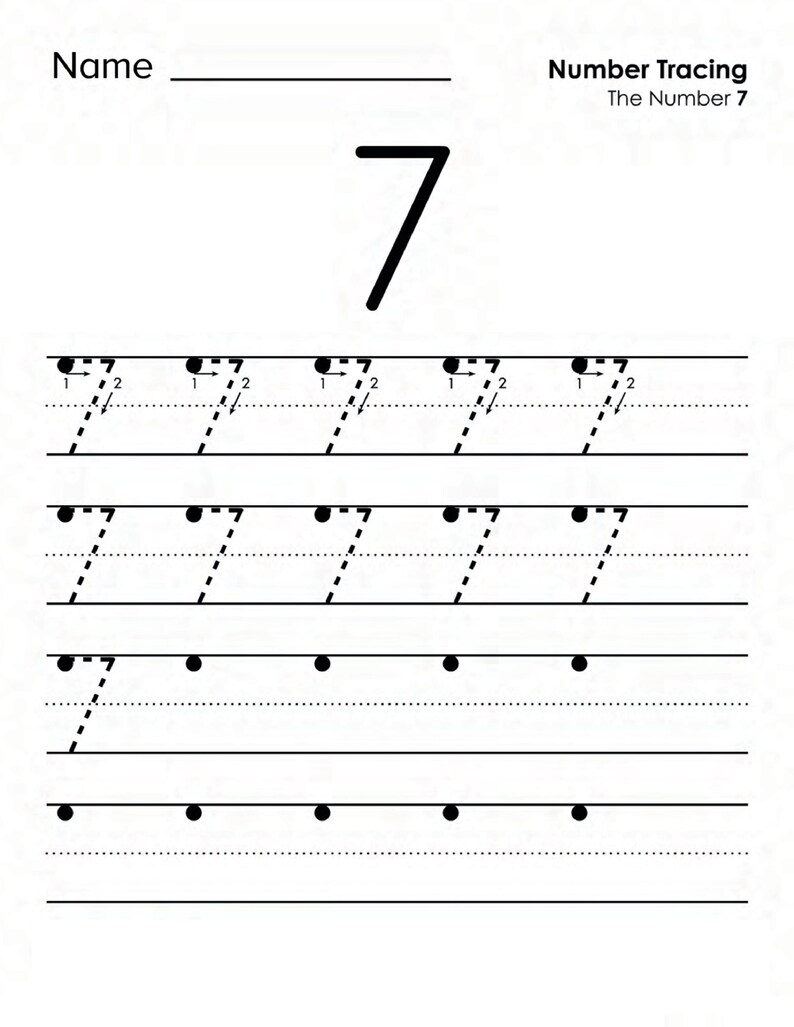 Peut inclure: Une feuille d'exercices &eacute;ducative blanche intitul&eacute;e Name et Number Tracing The Number 7. Elle pr&eacute;sente un grand chiffre 7 noir en haut, suivi de trois lignes de chiffres 7 en pointill&eacute;s avec des fl&egrave;ches directionnelles et des points.