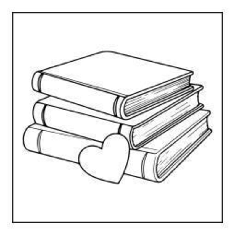 A line drawing of three stacked books with a heart shape leaning against the middle book.