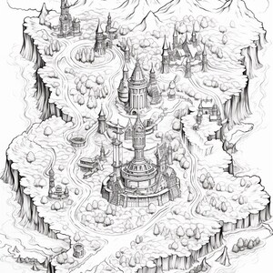 Pode incluir: Uma ilustra&ccedil;&atilde;o de arte linear em preto e branco representando uma paisagem fant&aacute;stica com v&aacute;rios castelos, torres e caminhos sinuosos. A cena apresenta uma fortaleza central rodeada por estruturas menores, florestas densas e picos montanhosos escarpados.