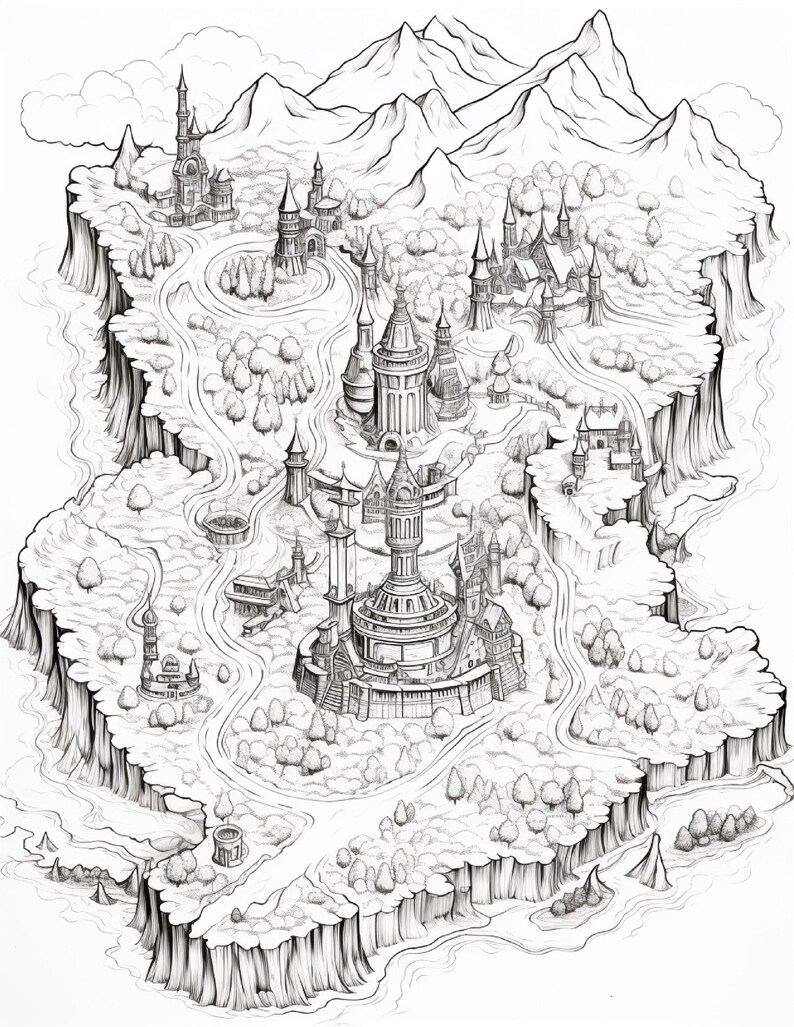 Pode incluir: Uma ilustra&ccedil;&atilde;o de arte linear em preto e branco representando uma paisagem fant&aacute;stica com v&aacute;rios castelos, torres e caminhos sinuosos. A cena apresenta uma fortaleza central rodeada por estruturas menores, florestas densas e picos montanhosos escarpados.