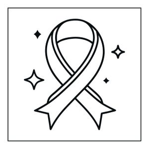 Peut inclure: Une illustration en noir et blanc au trait repr&eacute;sentant un ruban de sensibilisation centr&eacute; dans un cadre carr&eacute;. Le ruban pr&eacute;sente un design en boucle classique avec deux extr&eacute;mit&eacute;s pointues en bas, entour&eacute; de quatre petites &eacute;toiles.