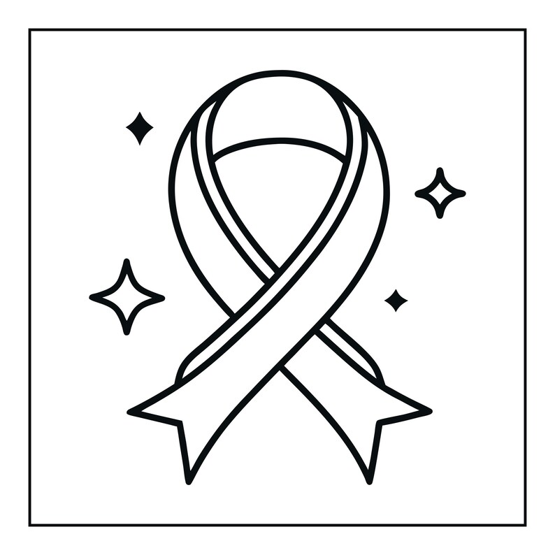 Peut inclure: Une illustration en noir et blanc au trait repr&eacute;sentant un ruban de sensibilisation centr&eacute; dans un cadre carr&eacute;. Le ruban pr&eacute;sente un design en boucle classique avec deux extr&eacute;mit&eacute;s pointues en bas, entour&eacute; de quatre petites &eacute;toiles.