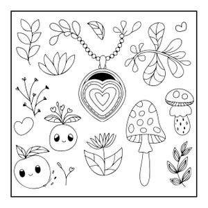 May include: A black and white line art illustration featuring a central heart-shaped pendant on a beaded chain, surrounded by various botanical elements including mushrooms, leaves, flowers, and two small round characters with smiling faces.