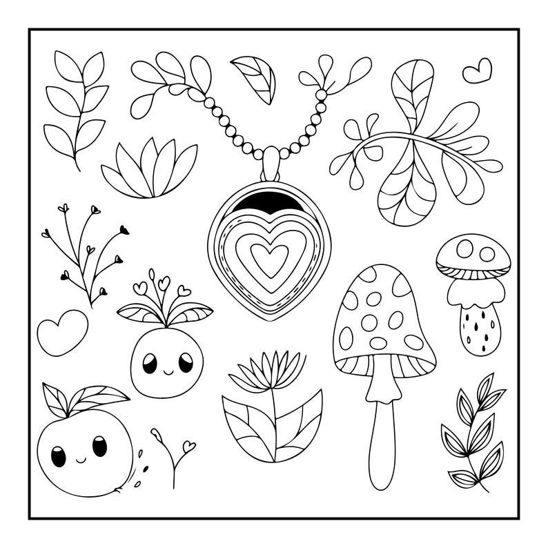 May include: A black and white line art illustration featuring a central heart-shaped pendant on a beaded chain, surrounded by various botanical elements including mushrooms, leaves, flowers, and two small round characters with smiling faces.
