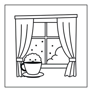 May include: A black and white line art illustration featuring a window with curtains and a snowy scene outside. In the foreground, a cup with a saucer sits on a ledge, containing a smiling, round, fluffy character with a textured surface.