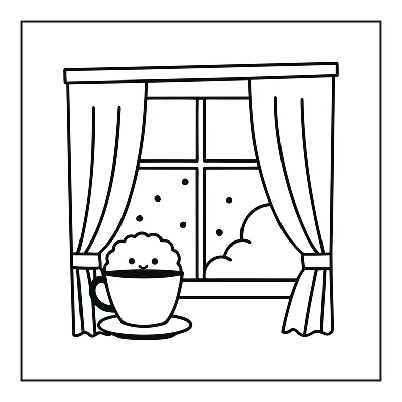 May include: A black and white line art illustration featuring a window with curtains and a snowy scene outside. In the foreground, a cup with a saucer sits on a ledge, containing a smiling, round, fluffy character with a textured surface.