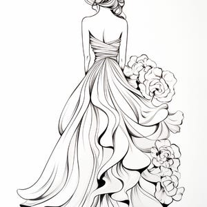 Pu&ograve; includere: Un'illustrazione a linee bianche e nere di una figura vista di spalle, che indossa un abito senza spalline con un corpetto aderente e una gonna voluminosa e fluida. L'abito &egrave; decorato con grandi motivi floreali dettagliati sul lato.