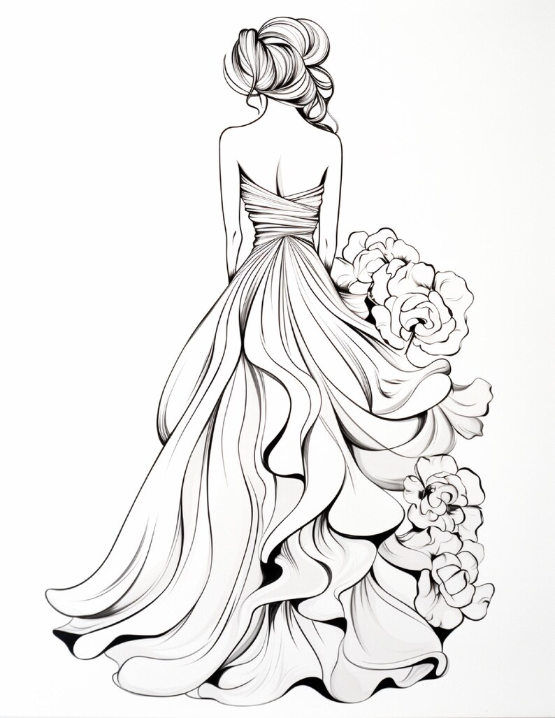 Pu&ograve; includere: Un'illustrazione a linee bianche e nere di una figura vista di spalle, che indossa un abito senza spalline con un corpetto aderente e una gonna voluminosa e fluida. L'abito &egrave; decorato con grandi motivi floreali dettagliati sul lato.