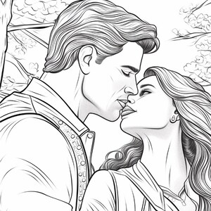 May include: A black and white line art illustration depicting a couple in a close, intimate moment, with their faces positioned near each other as if about to kiss. The drawing features detailed hair textures and outlines of trees in the background.