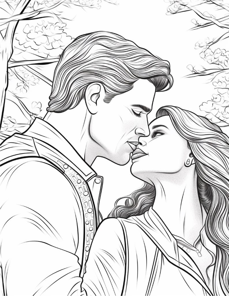 May include: A black and white line art illustration depicting a couple in a close, intimate moment, with their faces positioned near each other as if about to kiss. The drawing features detailed hair textures and outlines of trees in the background.