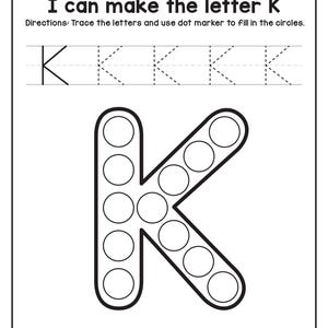 A black and white tracing and dot marker worksheet for the letter K featuring a koala outline filled with circles.
