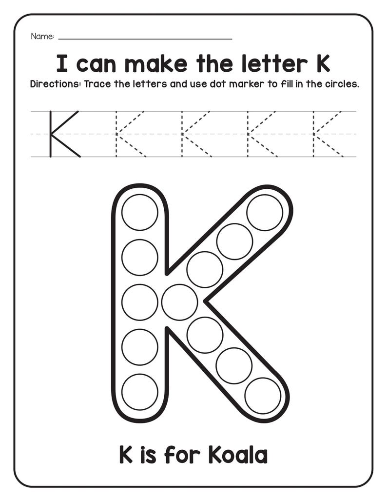 A black and white tracing and dot marker worksheet for the letter K featuring a koala outline filled with circles.