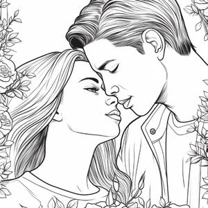 May include: A black and white line art illustration featuring a couple with their faces close together, framed by detailed roses and foliage. The drawing style uses clean, bold outlines to define the facial features, hair, and floral elements.