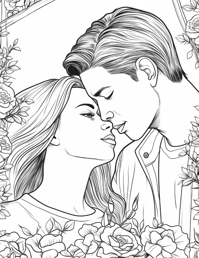 May include: A black and white line art illustration featuring a couple with their faces close together, framed by detailed roses and foliage. The drawing style uses clean, bold outlines to define the facial features, hair, and floral elements.