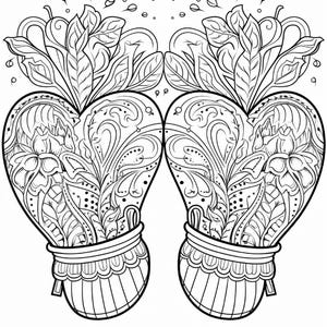 A black and white line art drawing of two ornate heart-shaped designs, each with floral patterns, sitting in striped cups.