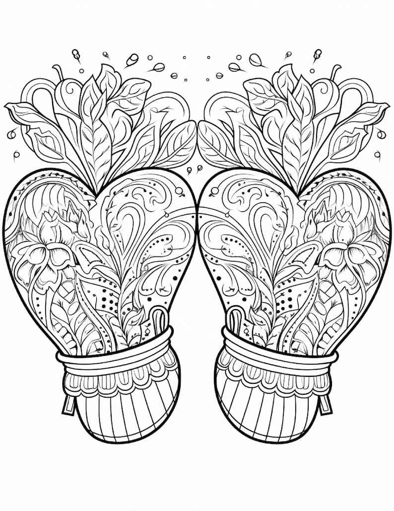 A black and white line art drawing of two ornate heart-shaped designs, each with floral patterns, sitting in striped cups.