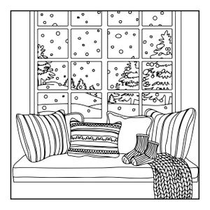 May include: A black and white line art illustration of a window seat featuring two striped pillows, a patterned rectangular cushion, a pair of socks, and a chunky knit blanket. The window view shows a snowy landscape with pine trees.
