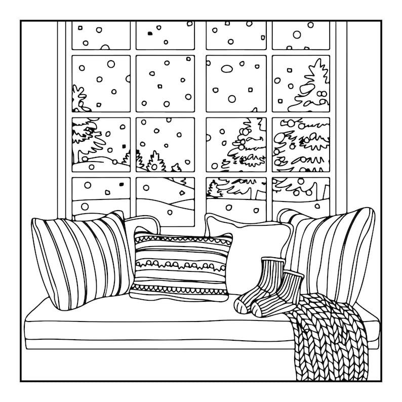 May include: A black and white line art illustration of a window seat featuring two striped pillows, a patterned rectangular cushion, a pair of socks, and a chunky knit blanket. The window view shows a snowy landscape with pine trees.