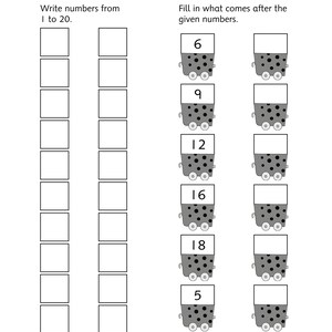 Pu&ograve; includere: Una scheda didattica in bianco e nero intitolata Write the Numbers! con due colonne di caselle vuote per scrivere i numeri da 1 a 20 e illustrazioni di vagoni da miniera contenenti i numeri 6, 9, 12, 16, 18 e 5.