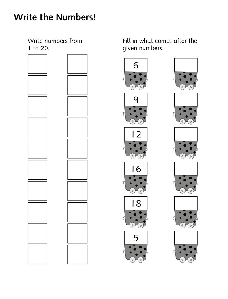 Pu&ograve; includere: Una scheda didattica in bianco e nero intitolata Write the Numbers! con due colonne di caselle vuote per scrivere i numeri da 1 a 20 e illustrazioni di vagoni da miniera contenenti i numeri 6, 9, 12, 16, 18 e 5.