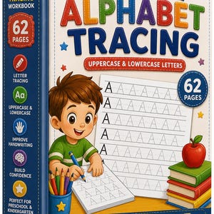 May include: An alphabet tracing workbook with 62 pages featuring a cartoon child writing letters. The cover displays the text ALPHABET TRACING, UPPERCASE & LOWERCASE LETTERS, and LEARN TRACE WRITE GROW, with illustrations of coloured pencils and books.