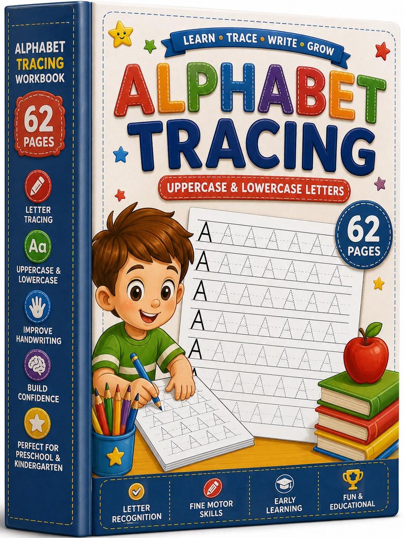 May include: An alphabet tracing workbook with 62 pages featuring a cartoon child writing letters. The cover displays the text ALPHABET TRACING, UPPERCASE & LOWERCASE LETTERS, and LEARN TRACE WRITE GROW, with illustrations of coloured pencils and books.
