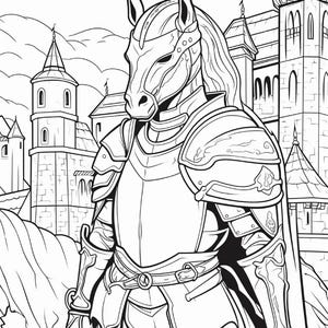 Op de afbeelding: Een zwart-wit lijntekening van een ridder met een paardenkopmasker en een volledig harnas. De figuur staat voor een groot stenen kasteel met meerdere torens. De tekening is voorzien van dikke omlijningen en gedetailleerde arceringen.