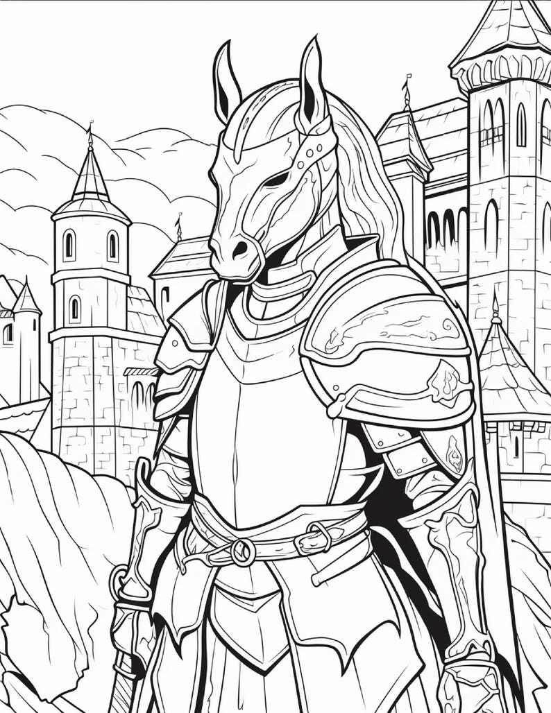 Op de afbeelding: Een zwart-wit lijntekening van een ridder met een paardenkopmasker en een volledig harnas. De figuur staat voor een groot stenen kasteel met meerdere torens. De tekening is voorzien van dikke omlijningen en gedetailleerde arceringen.