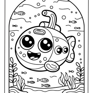 Puede incluir: Una p&aacute;gina para colorear en blanco y negro que muestra un submarino de dibujos animados con ojos grandes y una boca sonriente. El submarino tiene un periscopio y est&aacute; rodeado de peces peque&ntilde;os, burbujas y algas dentro de un marco arqueado.