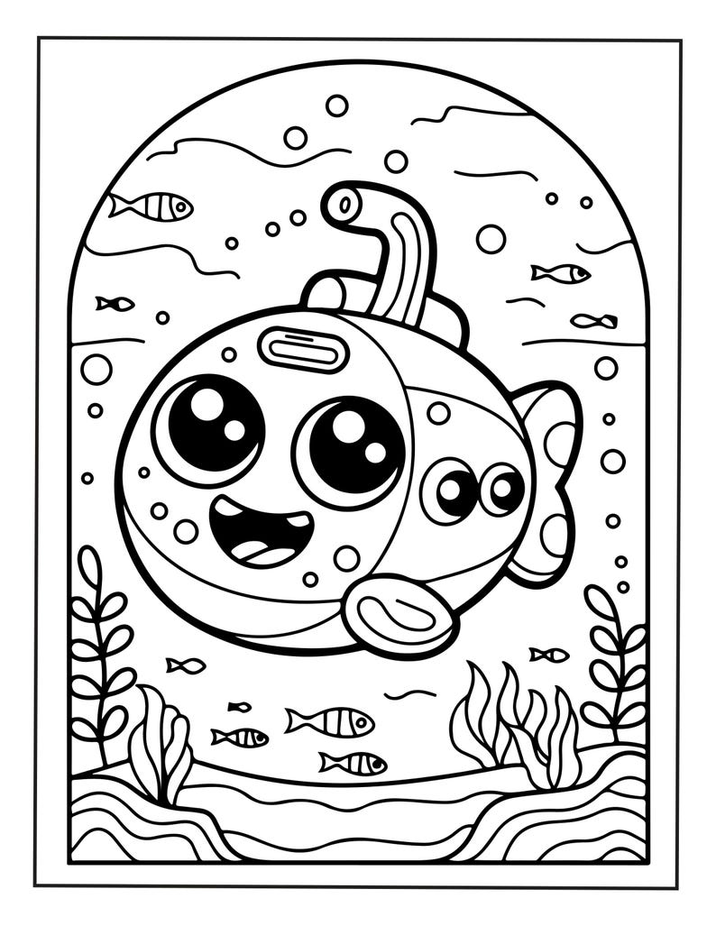 Puede incluir: Una p&aacute;gina para colorear en blanco y negro que muestra un submarino de dibujos animados con ojos grandes y una boca sonriente. El submarino tiene un periscopio y est&aacute; rodeado de peces peque&ntilde;os, burbujas y algas dentro de un marco arqueado.