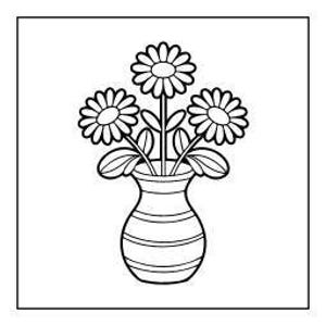 A line drawing of three flowers with round petals in a striped vase.