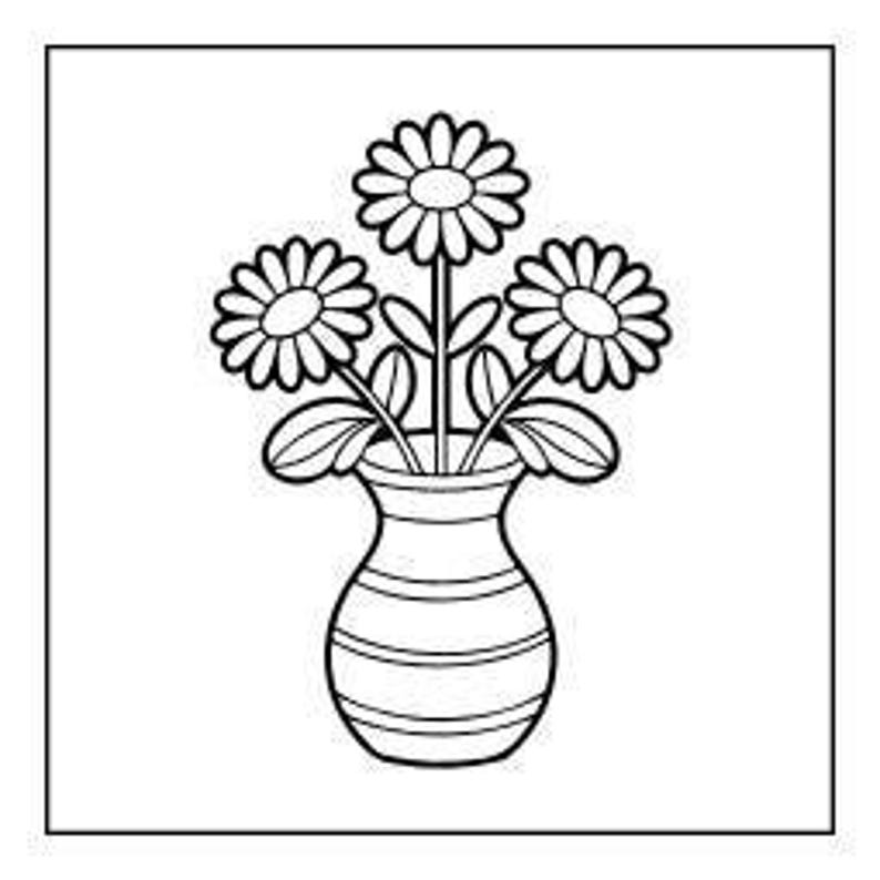 A line drawing of three flowers with round petals in a striped vase.