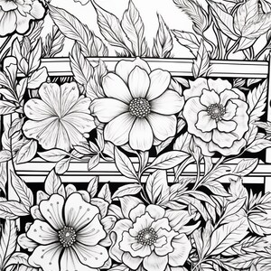 K&ouml;nnte beinhalten: Eine schwarz-wei&szlig;e Strichzeichnung, die ein dichtes Arrangement aus verschiedenen Blumen und Bl&auml;ttern zeigt. Die Komposition umfasst mehrere Bl&uuml;ten mit detaillierten Bl&uuml;tenbl&auml;ttern und Mitten, umgeben von zahlreichen Bl&auml;ttern und St&auml;ngeln, vor einem Hintergrund mit horizontalen linearen Elementen.