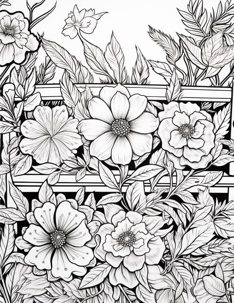 K&ouml;nnte beinhalten: Eine schwarz-wei&szlig;e Strichzeichnung, die ein dichtes Arrangement aus verschiedenen Blumen und Bl&auml;ttern zeigt. Die Komposition umfasst mehrere Bl&uuml;ten mit detaillierten Bl&uuml;tenbl&auml;ttern und Mitten, umgeben von zahlreichen Bl&auml;ttern und St&auml;ngeln, vor einem Hintergrund mit horizontalen linearen Elementen.