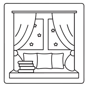 K&ouml;nnte beinhalten: Eine schwarz-wei&szlig;e Strichzeichnung eines Fensterplatzes mit drei quadratischen Kissen, die nebeneinander angeordnet sind. Links liegt ein Stapel von vier B&uuml;chern auf der Sitzfl&auml;che. Das Fenster ist von zwei Vorh&auml;ngen umrahmt und zeigt Sterne.