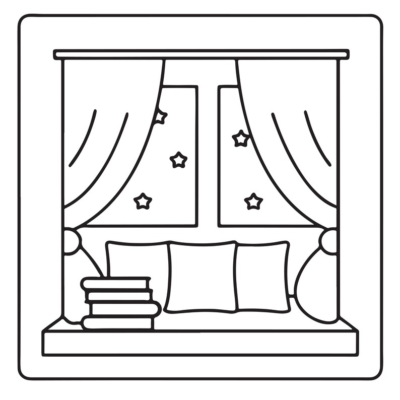 K&ouml;nnte beinhalten: Eine schwarz-wei&szlig;e Strichzeichnung eines Fensterplatzes mit drei quadratischen Kissen, die nebeneinander angeordnet sind. Links liegt ein Stapel von vier B&uuml;chern auf der Sitzfl&auml;che. Das Fenster ist von zwei Vorh&auml;ngen umrahmt und zeigt Sterne.