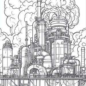 以下が含まれることがあります： 工業用精製所コンプレックスの白黒線画イラスト。この構造体は、多数の高い円筒形の塔、相互に接続されたパイプ、および大きな貯蔵タンクを特徴としています。中央の煙突からは厚い煙の雲が立ち上っています。