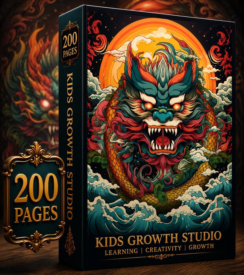 200-Page Japanese Dragon Coloring Book | Fantasy Asian Art (PDF Download) image 1