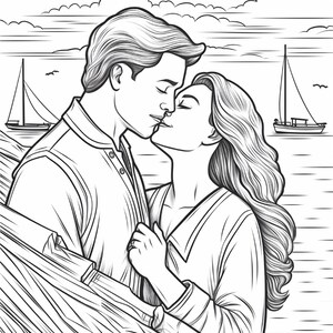 May include: A black and white line art illustration depicting two people kissing near a body of water. The scene features a person with short hair and a person with long wavy hair, with two sailboats visible on the horizon under a cloudy sky.