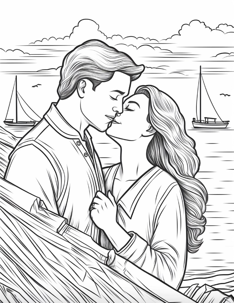 May include: A black and white line art illustration depicting two people kissing near a body of water. The scene features a person with short hair and a person with long wavy hair, with two sailboats visible on the horizon under a cloudy sky.