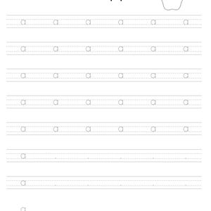 May include: A black and white educational worksheet for handwriting practice featuring the letter a in dotted lines across multiple rows. The page includes the word apple in lowercase letters and a line drawing of an apple at the top right.