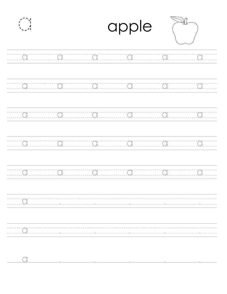 May include: A black and white educational worksheet for handwriting practice featuring the letter a in dotted lines across multiple rows. The page includes the word apple in lowercase letters and a line drawing of an apple at the top right.