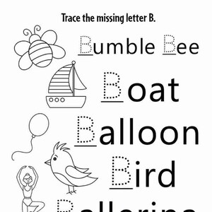 Op de afbeelding: Een zwart-wit educatief werkblad getiteld Trace the missing letter B. Het bevat lijntekeningen van een hommel, boot, ballon, vogel en ballerina, elk gekoppeld aan het bijbehorende woord waarbij de letter B als stippellijn is weergegeven.