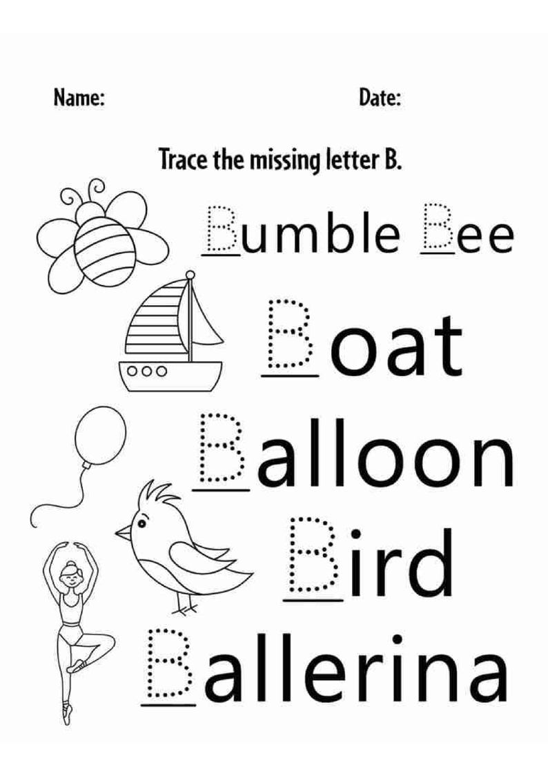 Op de afbeelding: Een zwart-wit educatief werkblad getiteld Trace the missing letter B. Het bevat lijntekeningen van een hommel, boot, ballon, vogel en ballerina, elk gekoppeld aan het bijbehorende woord waarbij de letter B als stippellijn is weergegeven.
