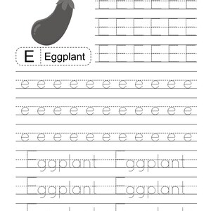 Pode incluir: Uma folha de exerc&iacute;cios educativos em preto e branco para praticar a escrita, com uma ilustra&ccedil;&atilde;o de uma beringela cinzento-escura, a letra E, a palavra Eggplant e v&aacute;rias linhas tracejadas para tra&ccedil;ar a letra e min&uacute;scula e a palavra Eggplant.